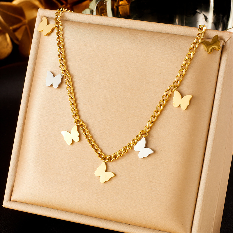 A European and American fashion niche design two-color accessory, butterfly Life tree pendant, gold-plated stainless steel chain necklace full figure