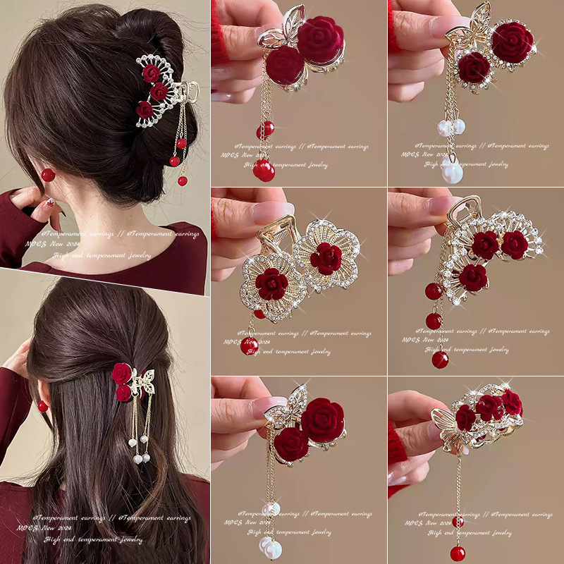 Red velvet rose pinch women's 2024 new high-end back hairpin, updo, shark clip headwear full figure