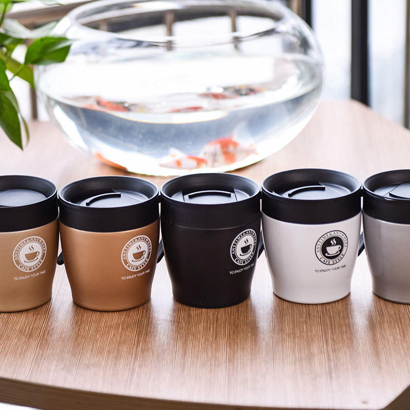 Coffee cup with spoon set handle, stainless steel insulated cup with lid, advertising gift cup, large-capacity tea cup details Picture