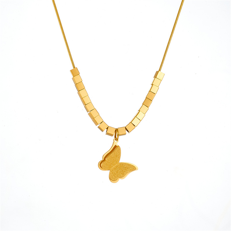 Cross-border fashionable, simple and versatile gold-plated stainless steel square beaded butterfly pendant chain jewelry necklace Item Picture