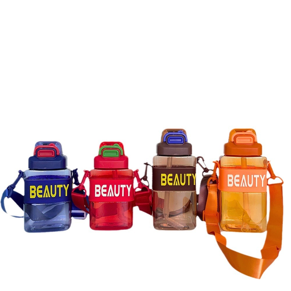 High appearance level square 650ml cross-border portable shoulder strap outdoor sports transparent gradient straw plastic cup travel cup Item Picture