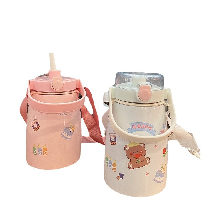 Cute big pudding student double-drinking cup with large belly, large-capacity stainless steel insulated cup, children's gift water cup with straw Item Picture