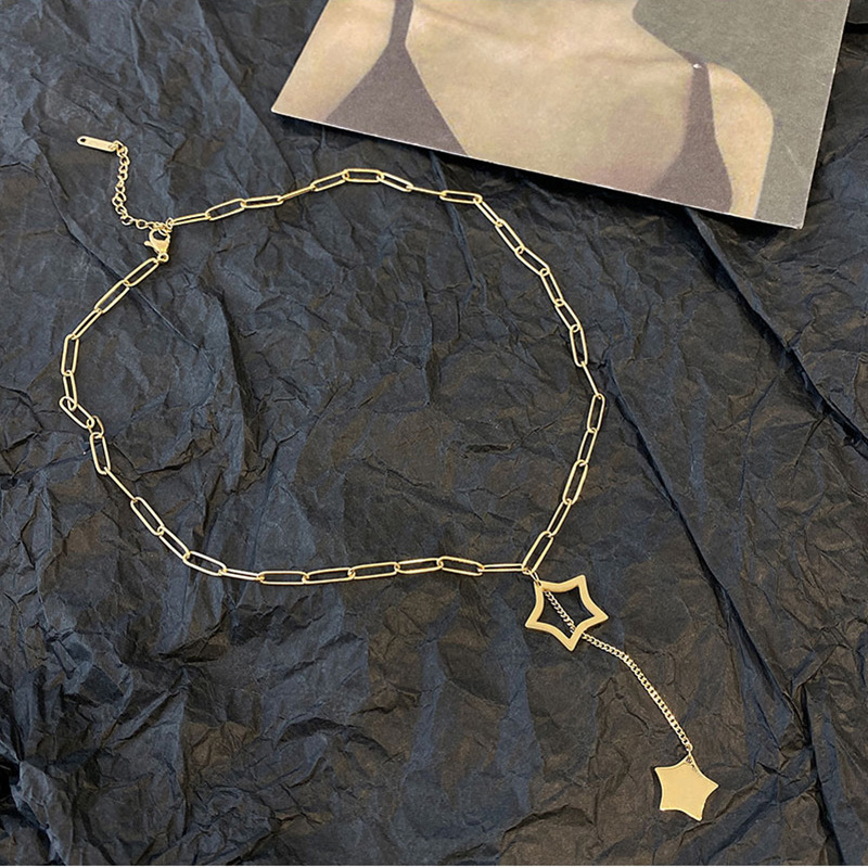 Korean-style simple and elegant hollowed-out five-pointed star tassel pendant titanium steel necklace, fashionable and versatile, personalized collarbone chain Application Scenario