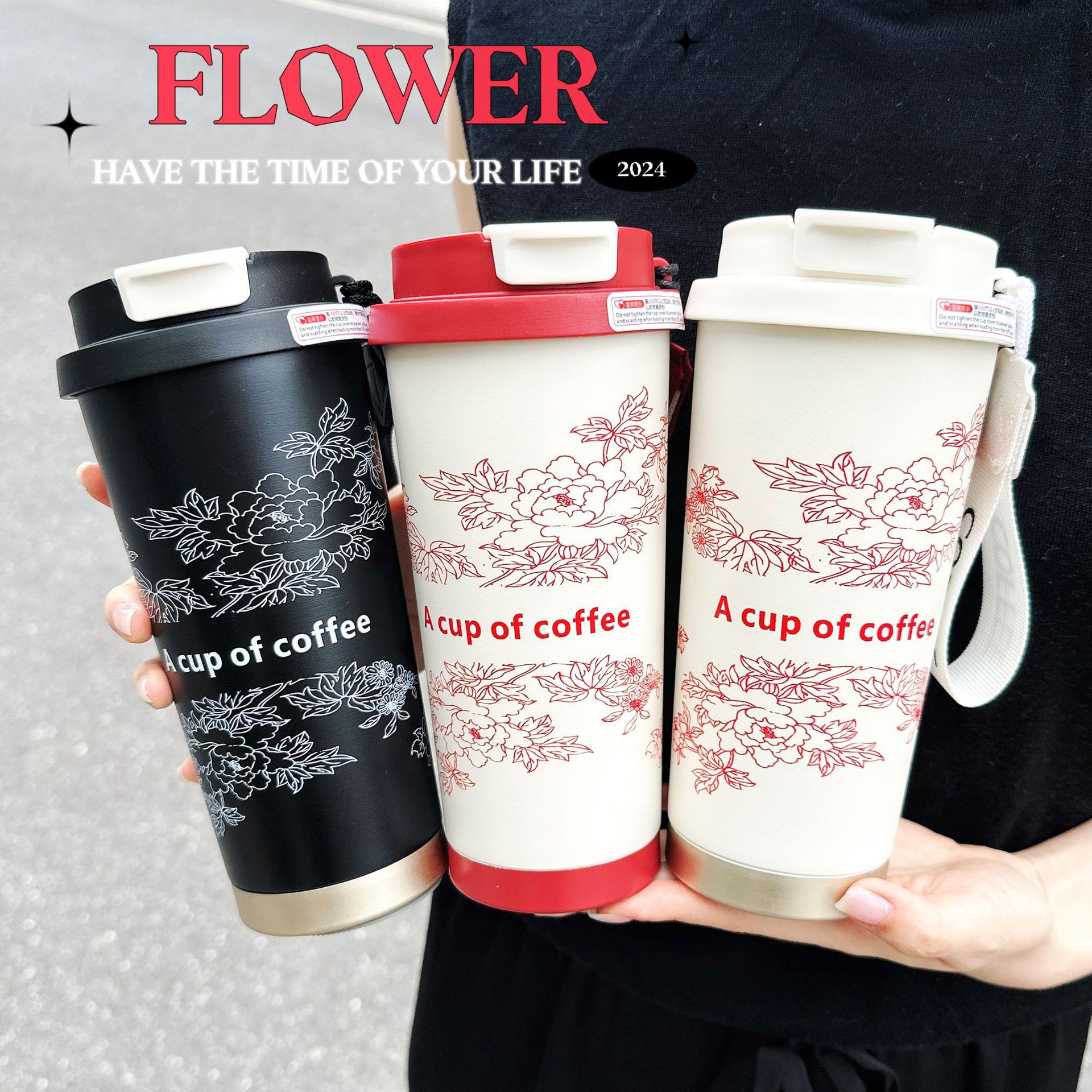 Sunflower double-drink coffee cup for girls, high appearance level, straw water cup, portable office, 316 stainless steel cup gift Specification drawing