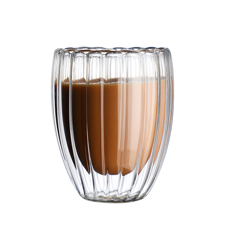 Household striped double-layered cup, high borosilicate high-temperature resistant double-layered glass water cup, simple tea cup, high appearance level coffee cup Item Picture