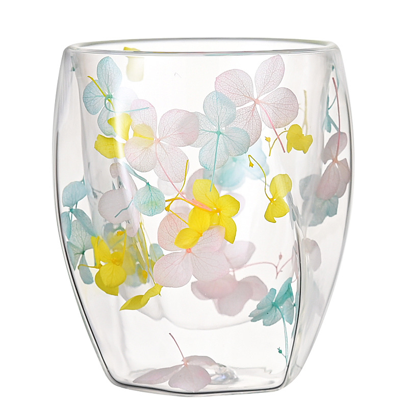 Glass real flower double-layer high borosilicate cup, high borosilicate transparent milk juice coffee mug, spiral cup Item Picture