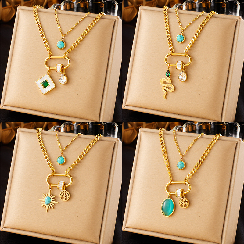 Cross-border fashion double-layer chain stainless steel multi-element geometric square star life tree snake pendant necklace full figure