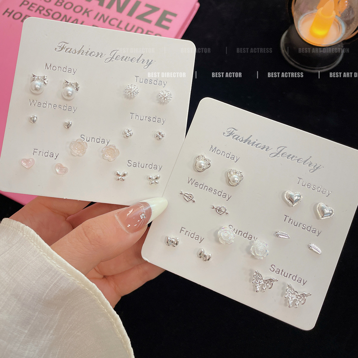 Japanese and Korean small plain silver bow, one-week ear studs for students, women's silver needle, rare pearl, versatile and simple daily earrings full figure