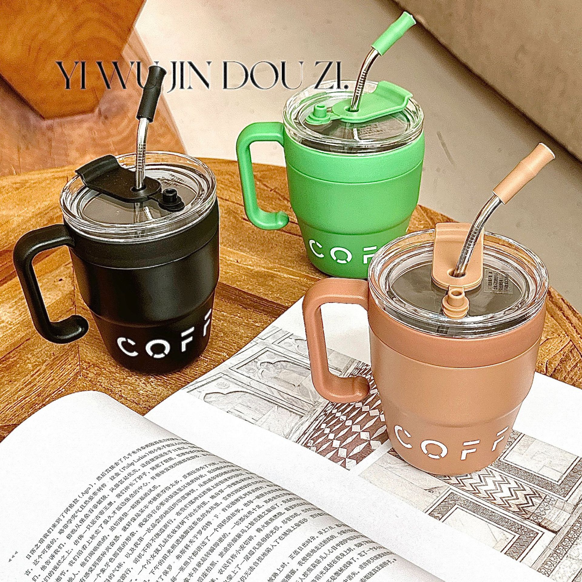 Ins simple coffee cup with straw, fashionable office water cup with handle, portable double-drinking couple stainless steel cup Specification drawing