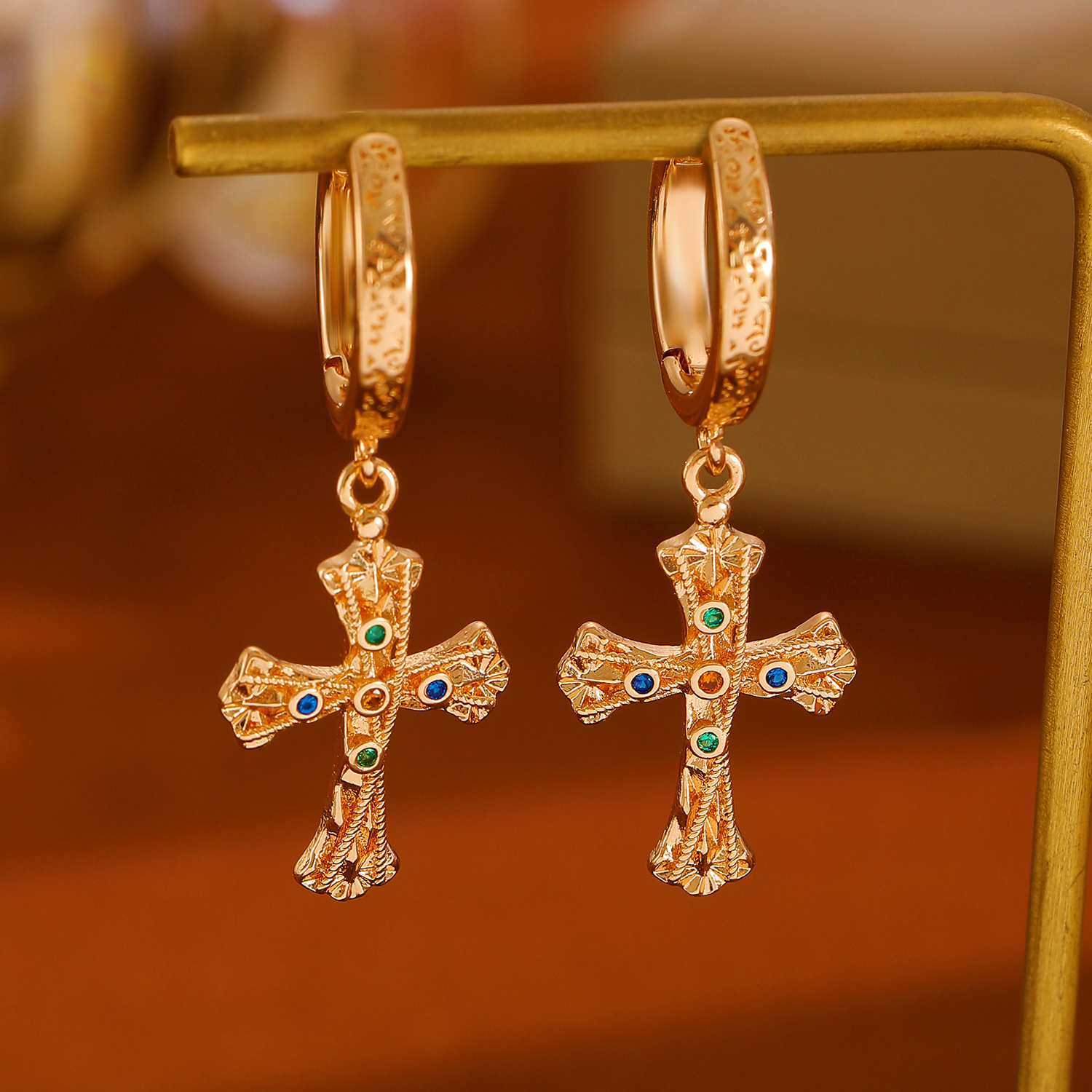 European and American cross-border jewelry, Xiyin copper inlaid zircon cross pendant ear buckle, fashionable and individual design sense earrings for women full figure