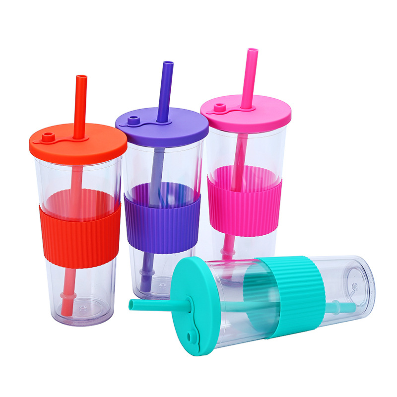 New cross-border Amazon portable double-layer plastic cup, large-hole universal bubble milk tea lid straw cup from the manufacturer Item Picture