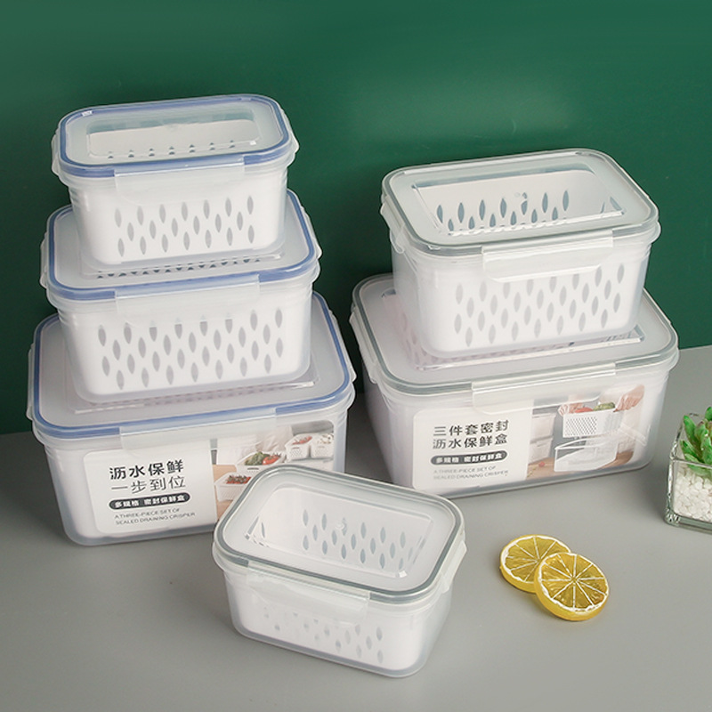 Wholesale of household food storage and preservation boxes, kitchen and refrigerator draining baskets, storage boxes, thickened plastic draining and preservation boxes details Picture