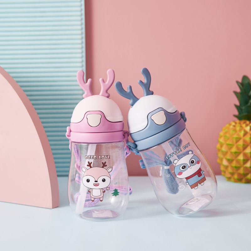 Yinqian Children's Straw Cartoon Cup, Baby water-absorbing Cup, Food-grade plastic anti-drop water bottle, Student portable and easy-to-use cup details Picture