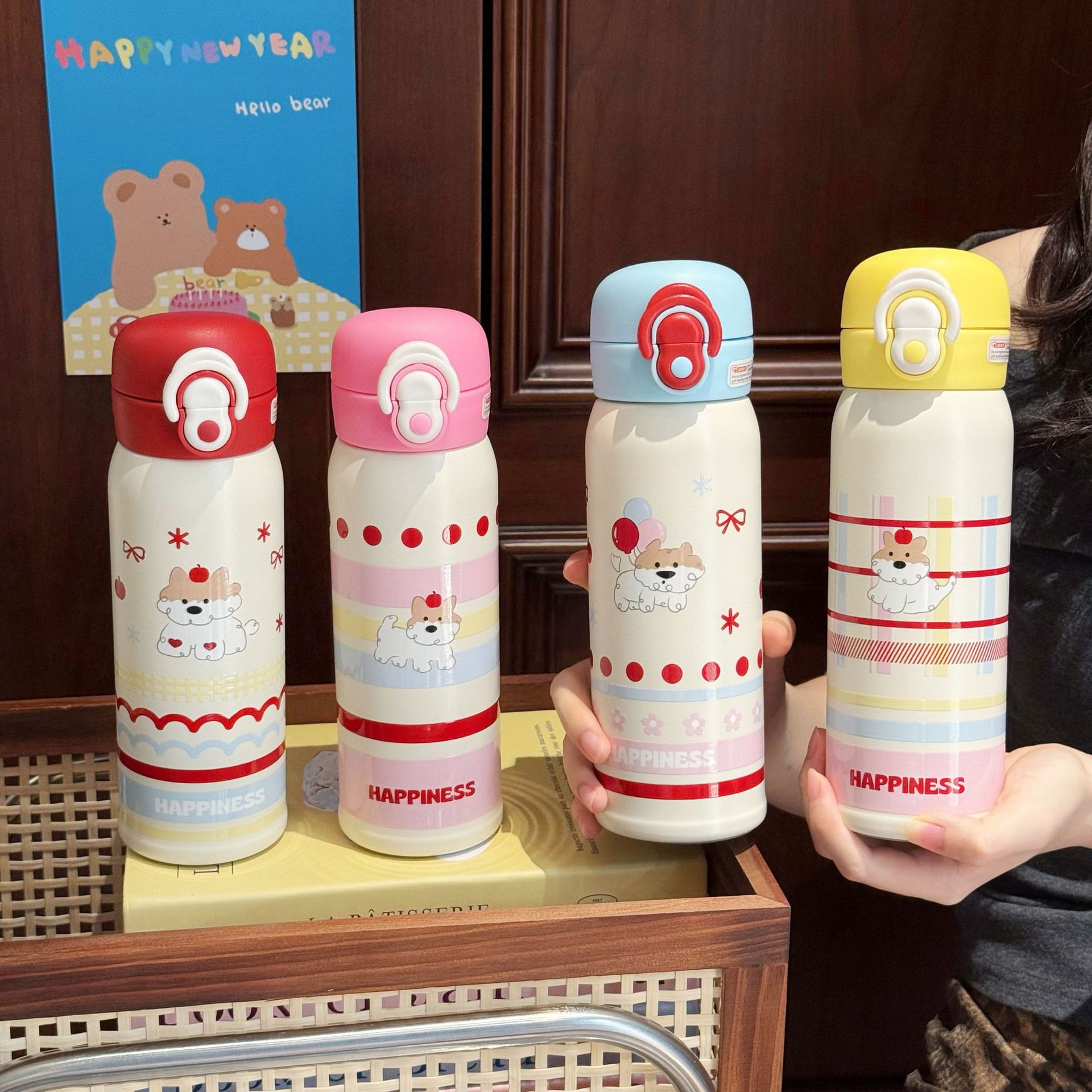 Cartoon puppy pop-up lid water cup, portable girls' insulated cup, cute students and children stainless steel straw cup details Picture
