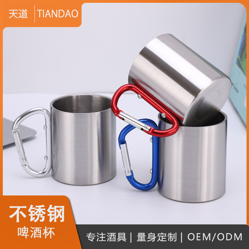 Hot-selling double-layer stainless steel coffee cup, mountain climbing buckle handle, outdoor camping milk morning water cup with engraved logo full figure