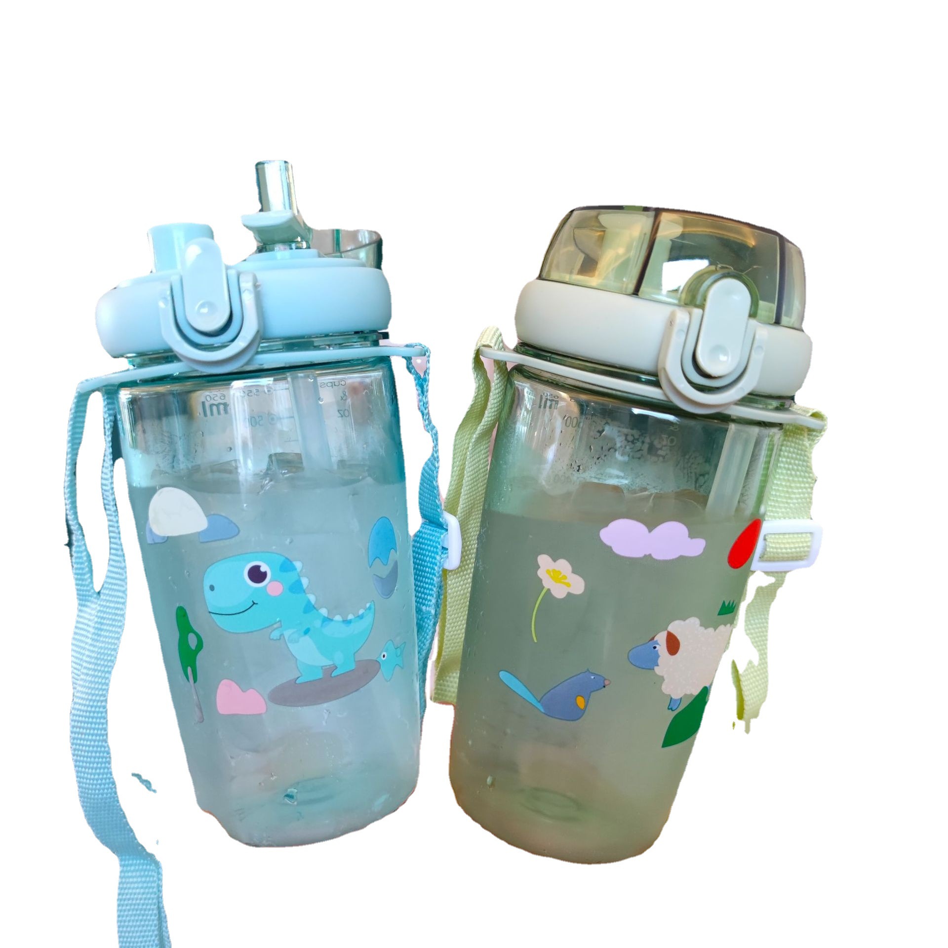 New children's double-drinking spout water cup, portable shoulder strap cup with lock, outdoor casual water bottle, fitness and sports cup Item Picture