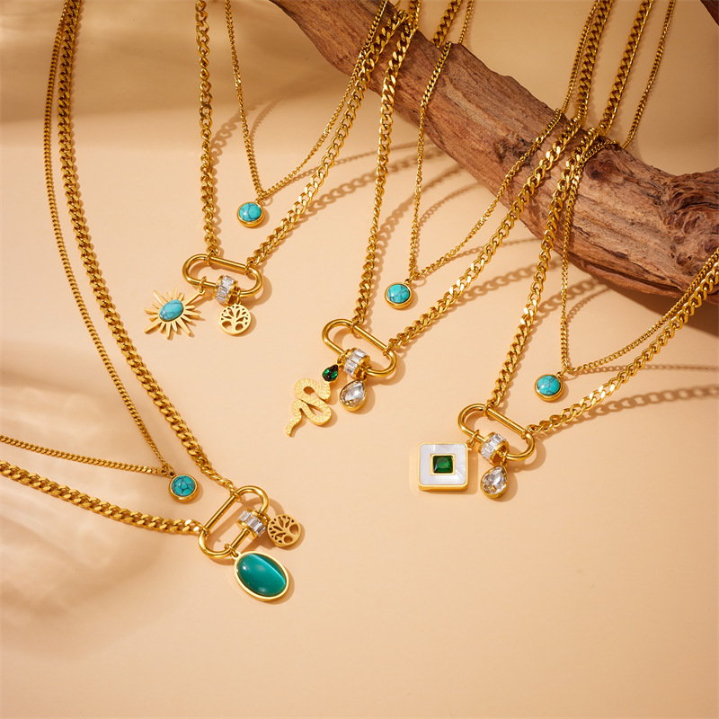 Cross-border fashion double-layer chain stainless steel multi-element geometric square star life tree snake pendant necklace details Picture