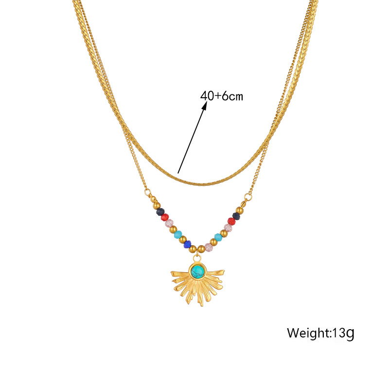 European and American niche design ethnic style colorful beaded fan-shaped turquoise stainless steel gold-plated pendant chain necklace Application Scenario