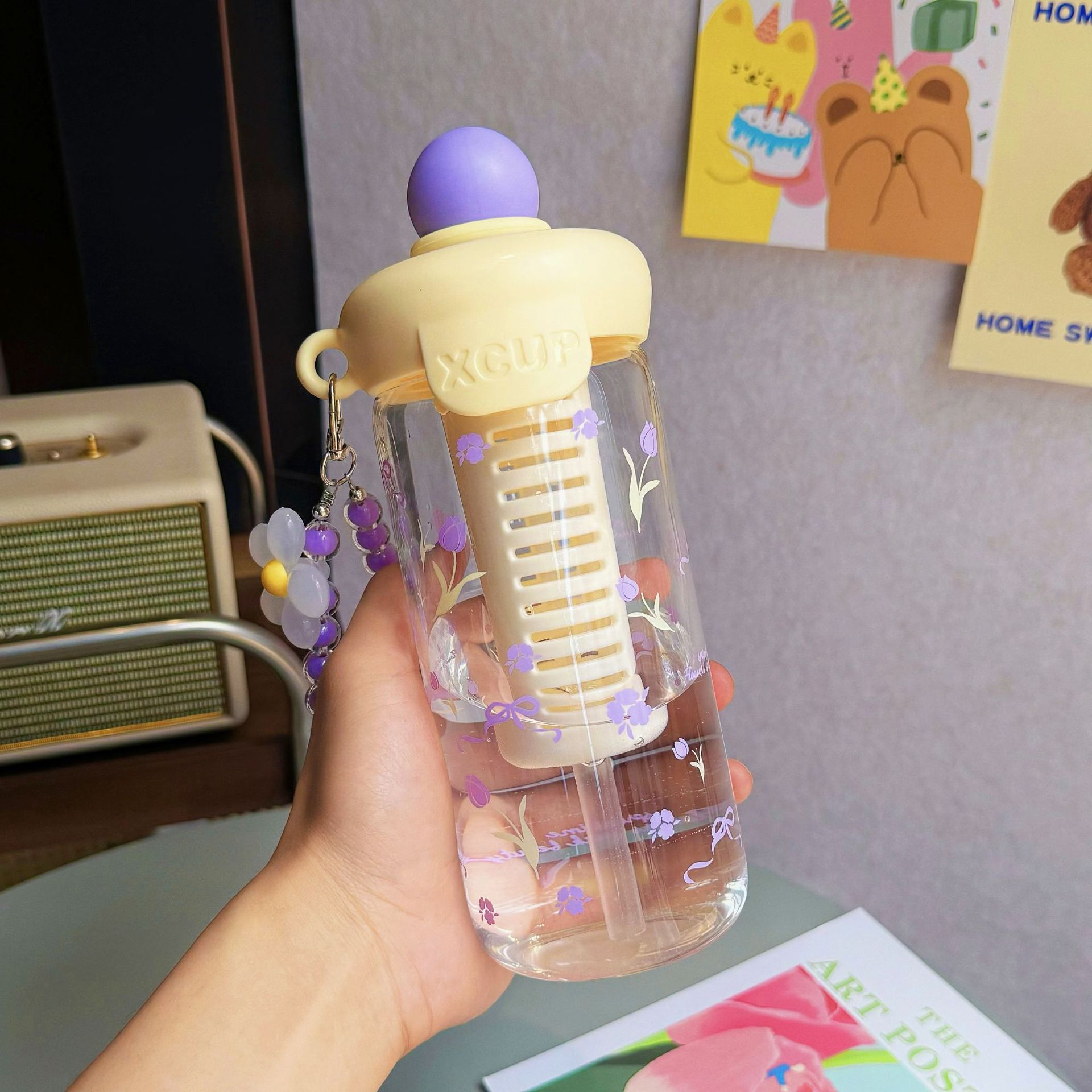 Girls' small flower water cup, high-temperature resistant, high appearance level, portable straw cup, tea brewing with filter, summer girl's cup gift Specification drawing