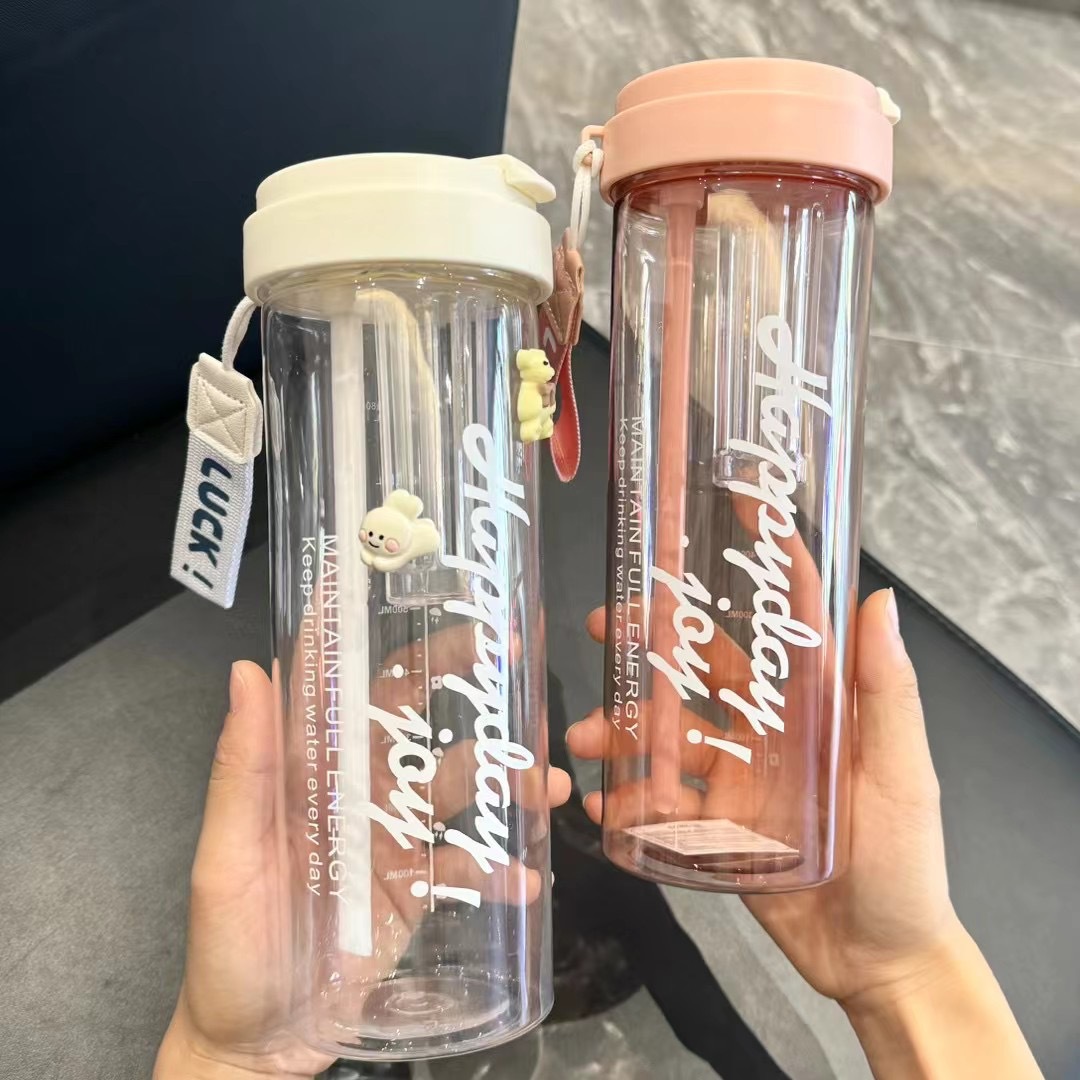 High-quality appearance level flower tea plastic cup, women's double-drinking straw cup, food-grade large-capacity internet-famous cup, creative and portable water cup Specification drawing