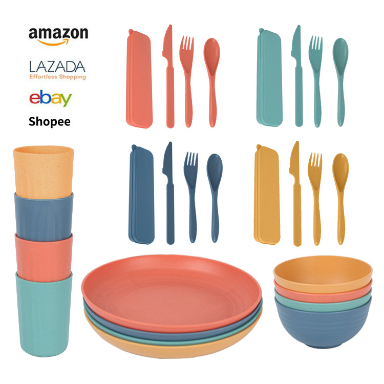 Creative wheat bellflower durable and heat-insulating bowl, plate and plate household tableware set, plastic portable knife, fork and spoon set full figure