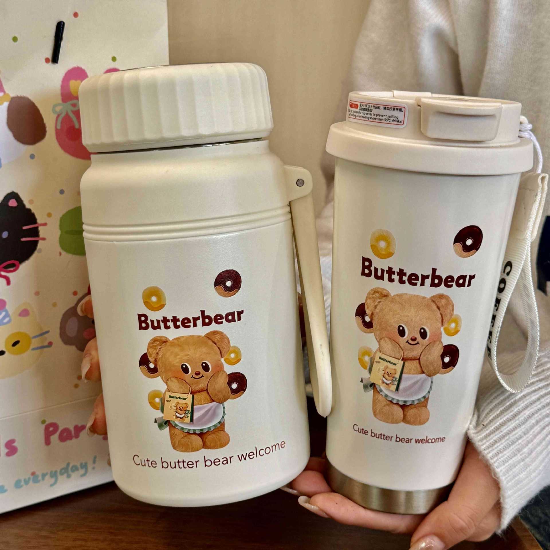 2024 New Butter Bear Insulated Cup, student stainless steel, high appearance level, portable and cute, girls' straw coffee cup details Picture
