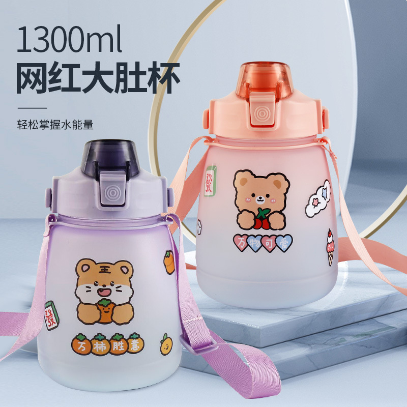 Popular large-bellied cups, large-capacity children's plastic water cups, summer portable water bottles, student straw cups, cartoon plastic cups full figure