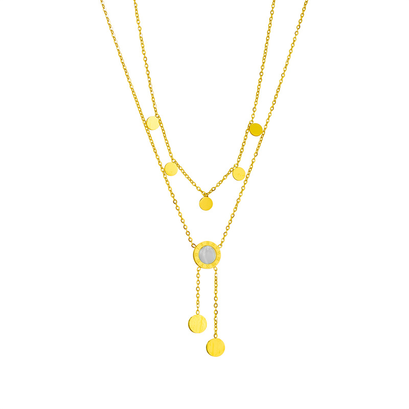 European and American double-layer Roman round plate shell tassel titanium steel collarbone chain, a niche design, light luxury and high-end style necklace Item Picture