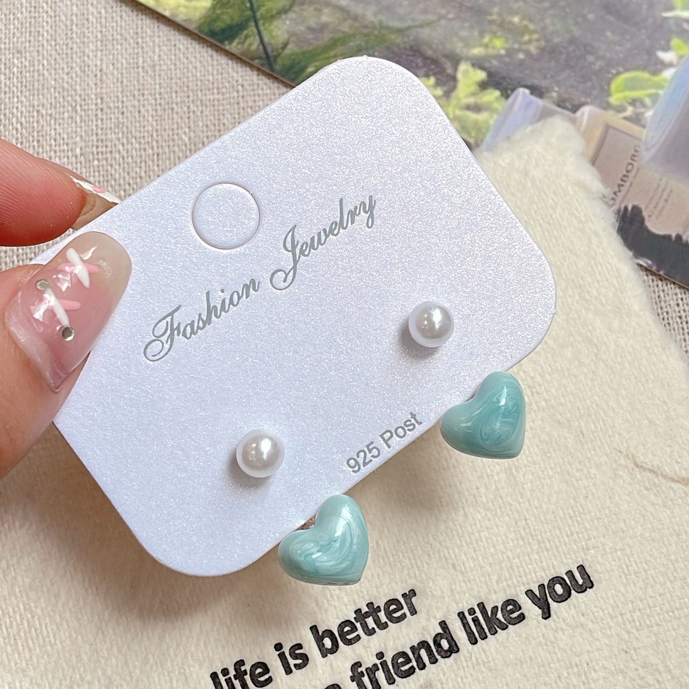 Light luxury glazed blue heart-shaped earrings, women's silver needle design sense, double-ear stud, new summer pearl earrings Application Scenario