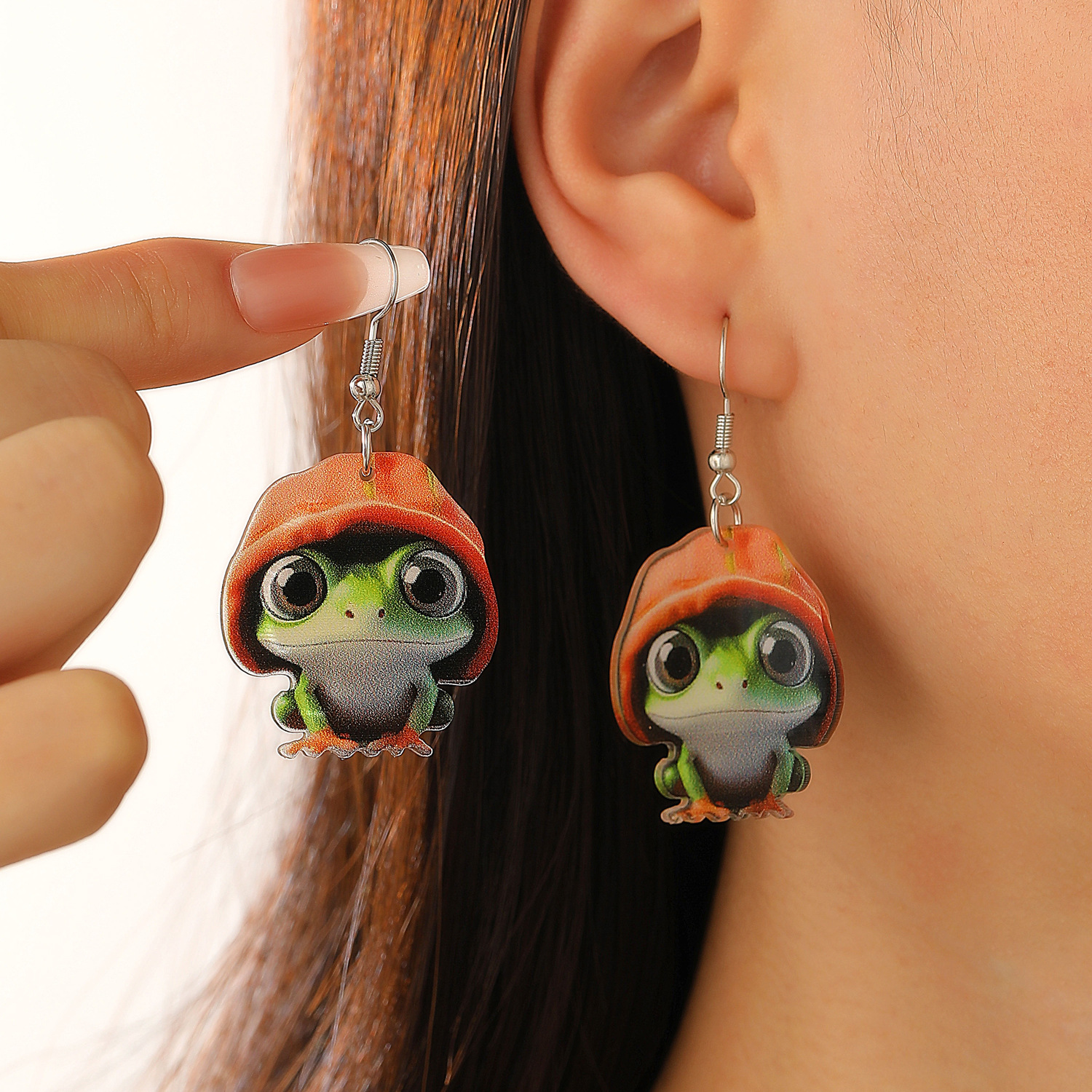 European and American cross-border cute and distinctive colorful frog earrings, tree frog earrings for women wearing hats, acrylic earrings and accessories details Picture