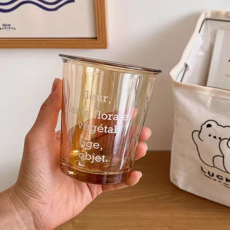 ins popular letter coffee cup, transparent glass water cup, summer iced drink, juice and milk cup, large capacity breakfast details Picture