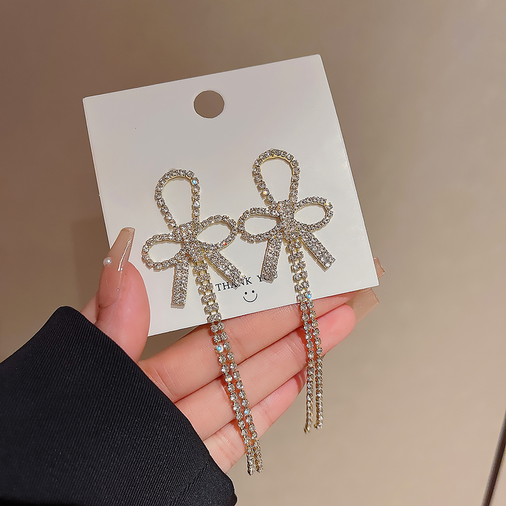 Fashionable and elegant bow tassel earrings, light luxury, niche and high-end, new trendy and exquisite earrings for women wholesale Specification drawing
