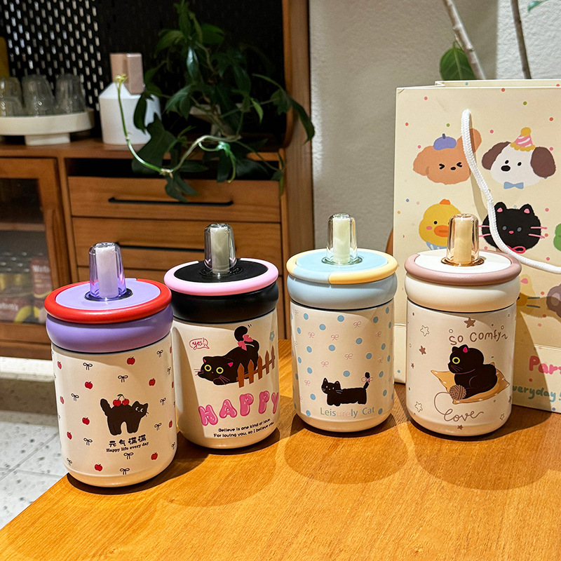 Cute little cat drinking water thermos cup, simple and elegant, exquisite and portable, small water cup for girls, stainless steel cup Specification drawing