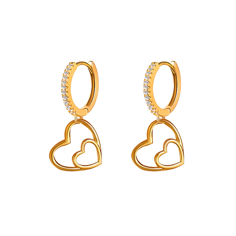 Ins-style Japanese and Korean simple copper-set zircon heart earrings, high-end hollowed-out double heart earrings, trendy autumn and winter new style Item Picture