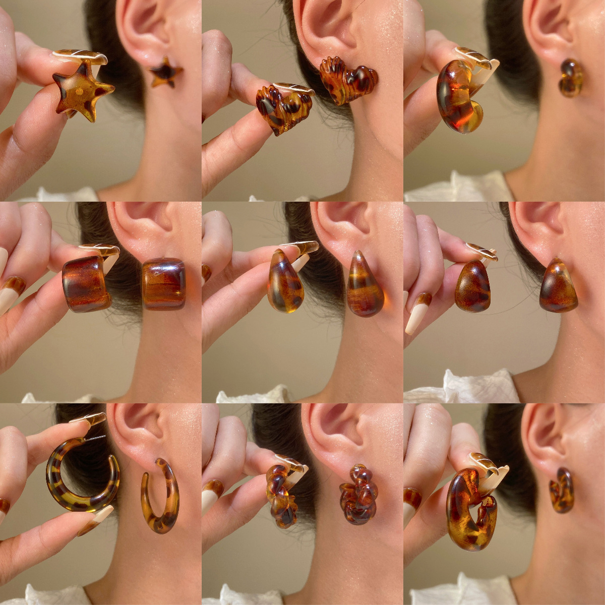 Acrylic leopard print versatile and high-end retro coffee-colored earrings, autumn and winter Merade-style stud earrings for women Specification drawing