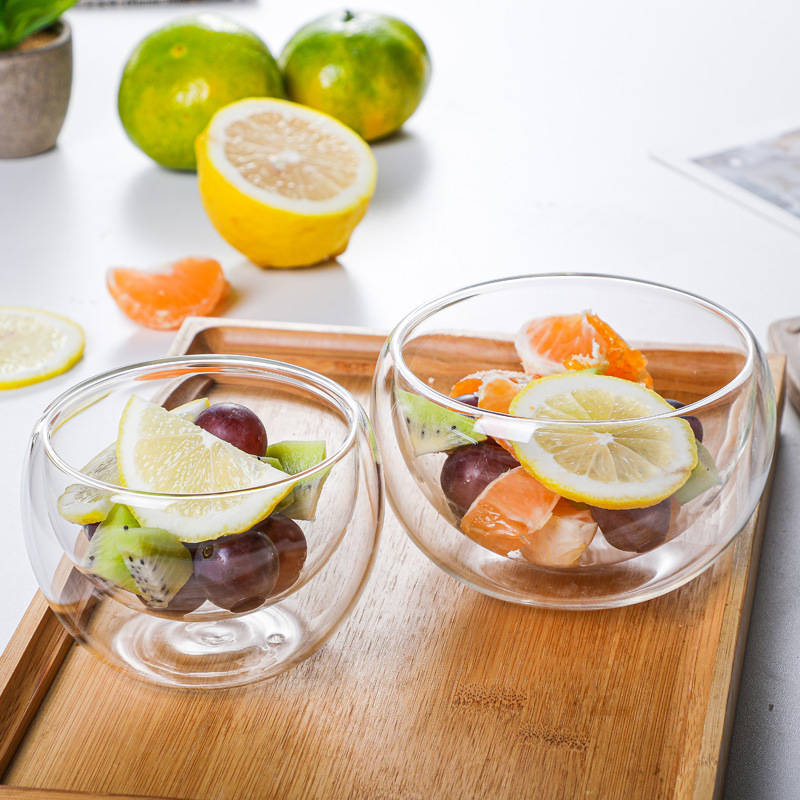 Japanese-style double-layer insulated glass bowl, transparent household double-layer fruit salad bowl, cereal breakfast salad bowl full figure