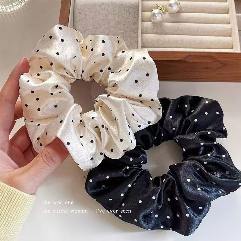 Simple satin polka dot large intestine hair band, gentle retro pleated fabric sausage band, bun hair tie, loose rubber band details Picture