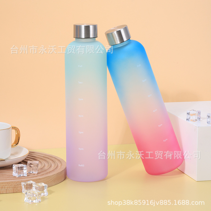 Amazon 1000ML gradient color large capacity frosted water cup, stainless steel lid space cup, portable sports plastic cup Specification drawing