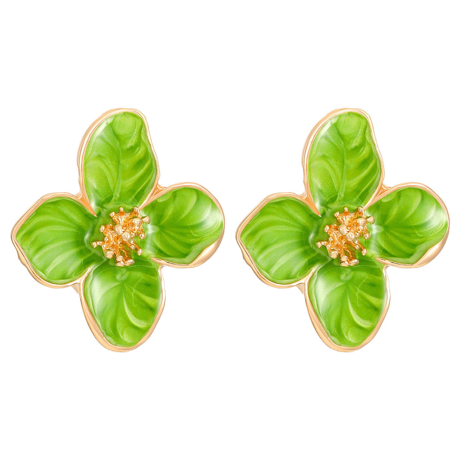 Oil petal stud earrings, four-petal flower alloy oil drip flower stud earrings, roselle three-dimensional high-end earrings for women Item Picture