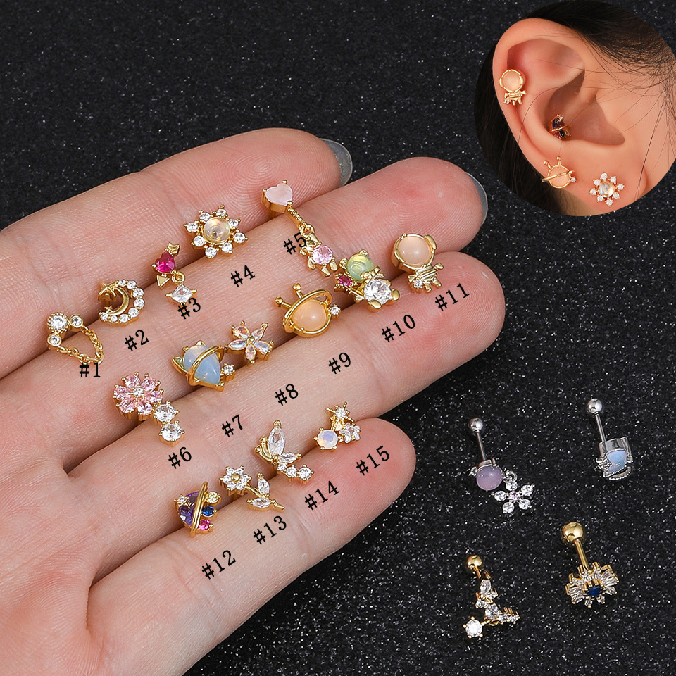 European and American cross-border ins dopamine earrings, high-end zircon flower bear heart star moon butterfly ear bone stud for women full figure