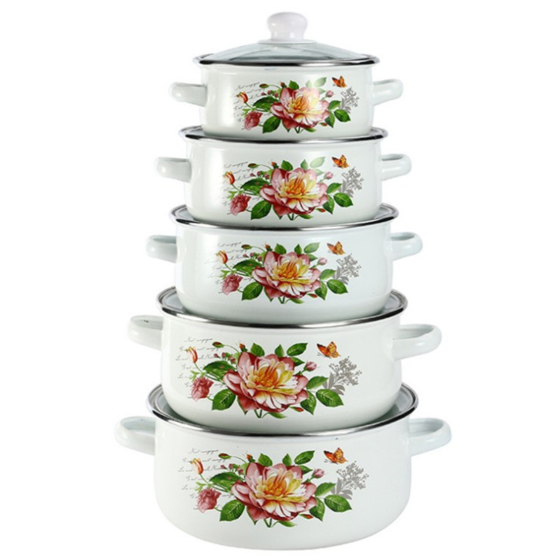 enamel iron pot Enamel pot Double-ear soup pot Enamel thickened large soup pot Stew pot Boiling pot Five-piece set details Picture