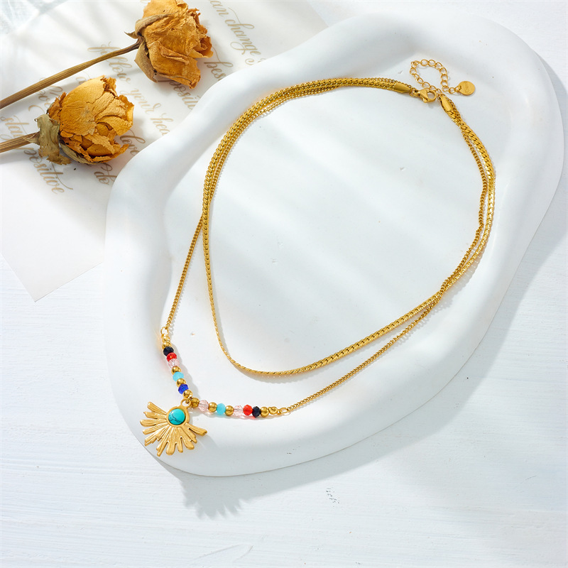 European and American niche design ethnic style colorful beaded fan-shaped turquoise stainless steel gold-plated pendant chain necklace Specification drawing