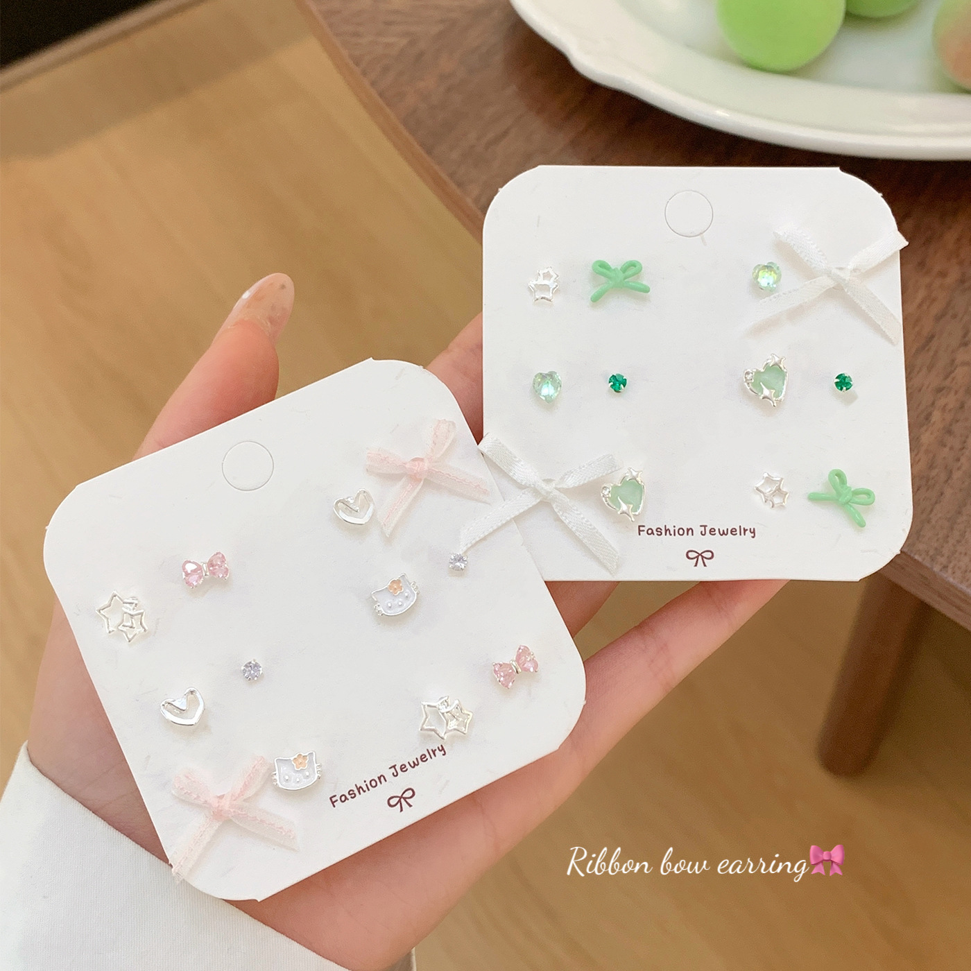 Summer new cat-shaped heart-shaped ribbon bow stud earring set for women, small and exquisitely designed student earrings full figure