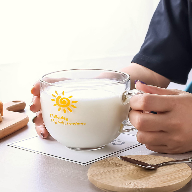Large-capacity transparent glass mugs, oat cups, Japanese covered spoons, breakfast cups, milk and cereal bowls, for household use details Picture