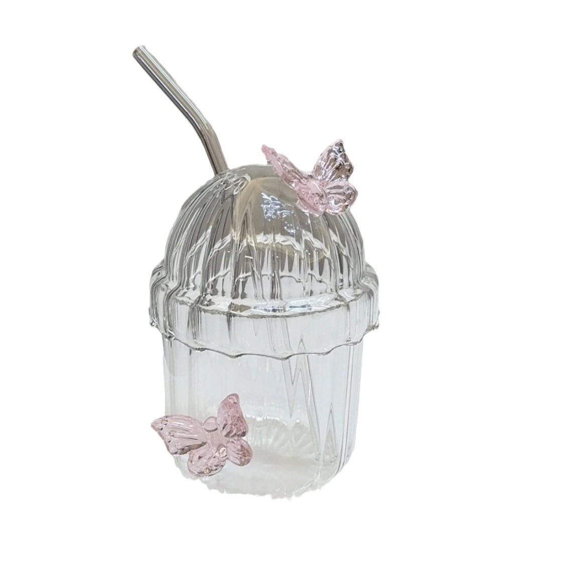 Customized wholesale butterfly straw glass cups, pink milk tea cups, the same style as the popular high borosilicate heat-resistant princess cups Item Picture