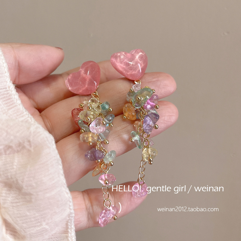 Colorful heart-shaped tassel earrings 2025 bestsellers, super fairy-like summer colorful crushed stone stud earrings, sweet and girlish earrings full figure