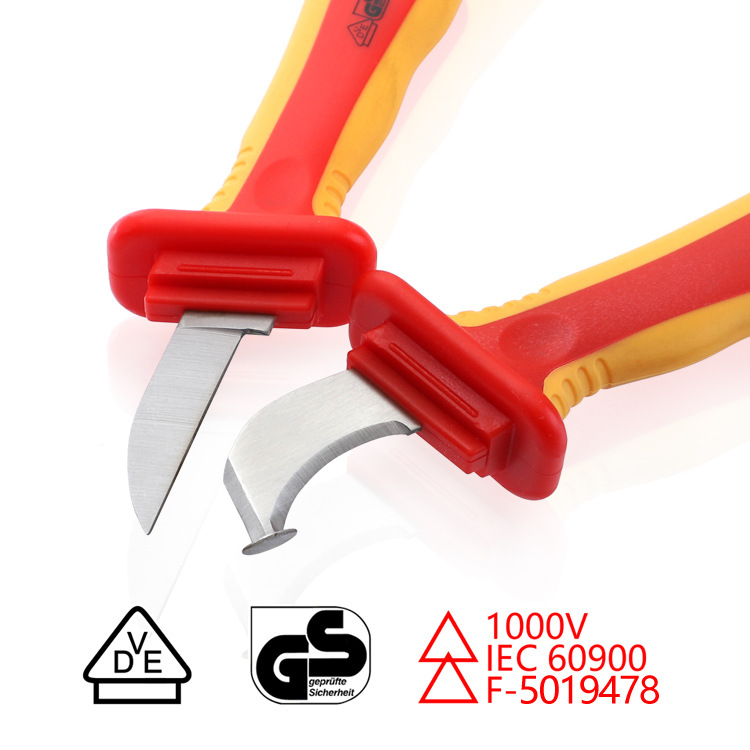 Multi-functional electrician's knife set, straight and curved edge insulated wire stripper, wooden handle wire and cable stripping knife, wire cutting tool Specification drawing