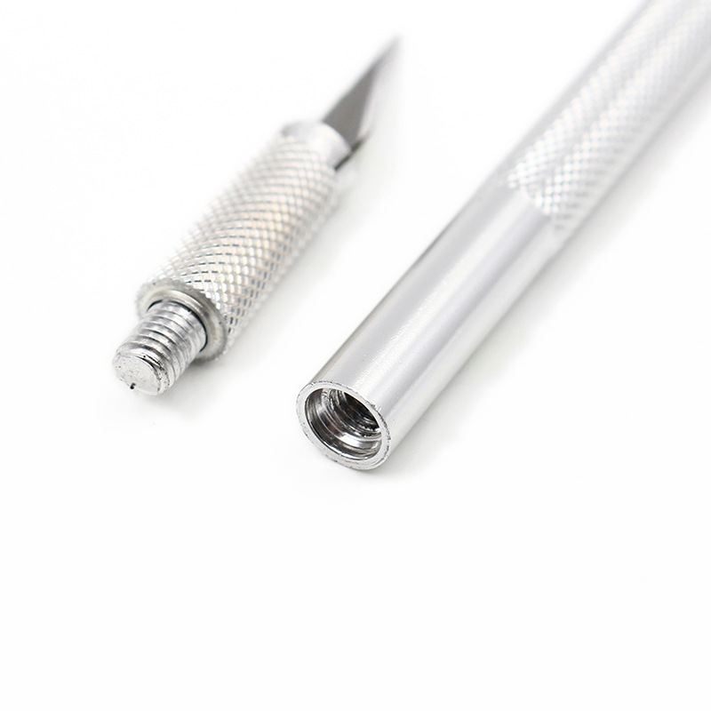Aluminum alloy engraving knife, 1 blade set, model tool, pen knife, 5 blades, planner, mobile phone, film application, and utility knife Specification drawing