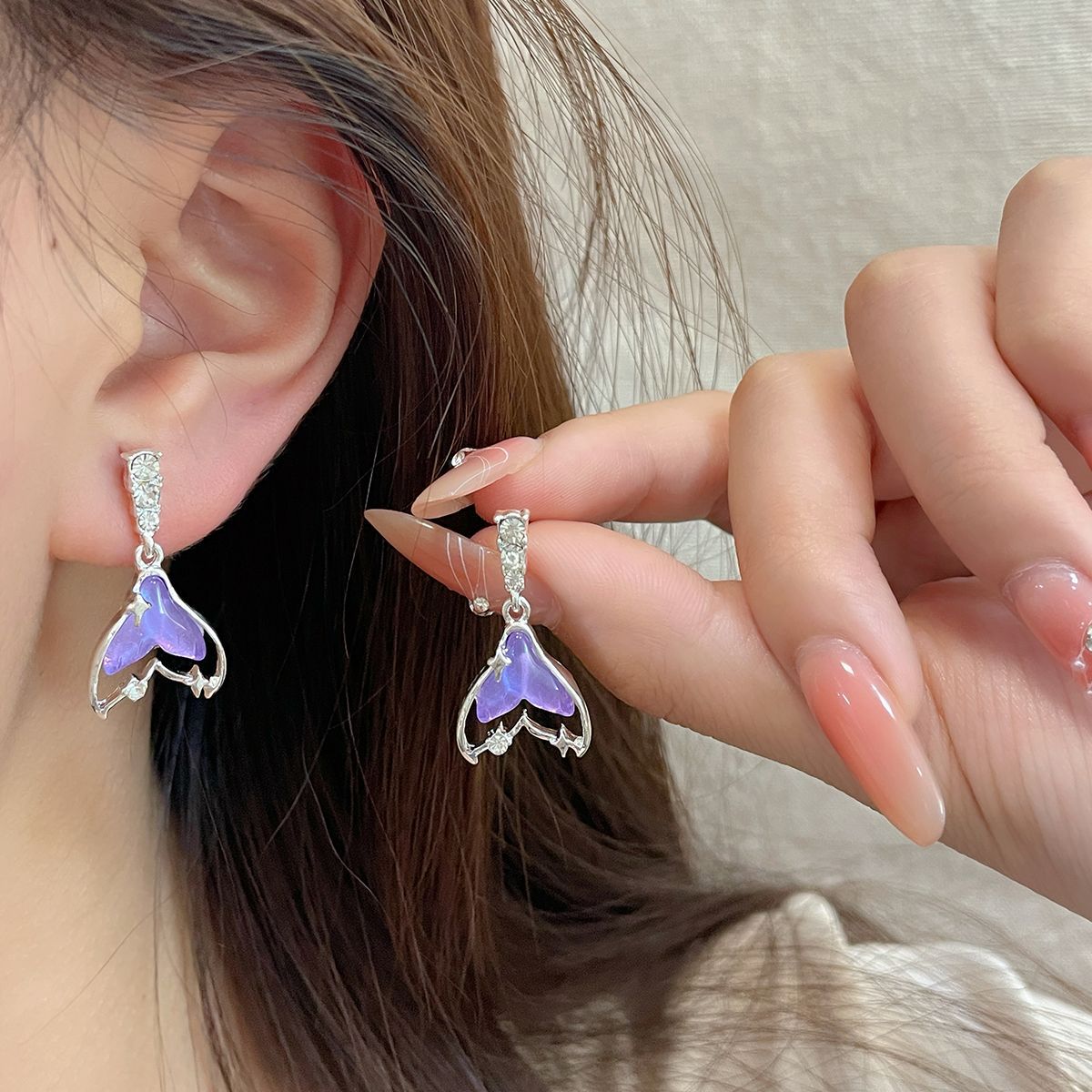Mermaid Girl Laser purple fishtail earrings, women's silver needle, niche design, exquisite and sweet, summer fresh and delicate earrings details Picture