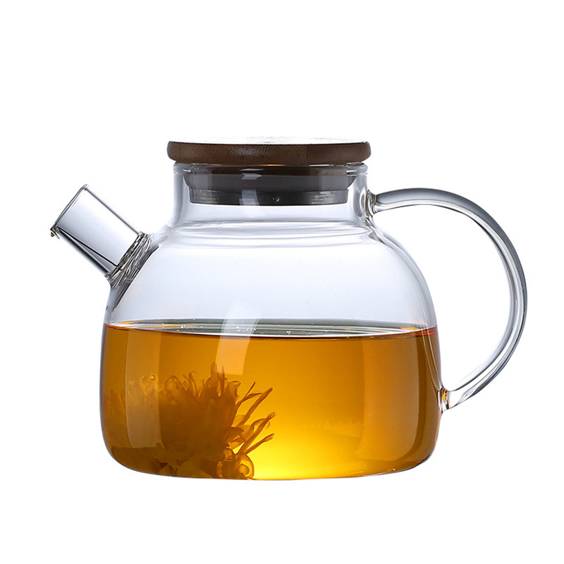 Customized high borosilicate heat-resistant transparent glass camellia teapot for roasting around a stove, household bamboo and wood lid cold water kettle Item Picture